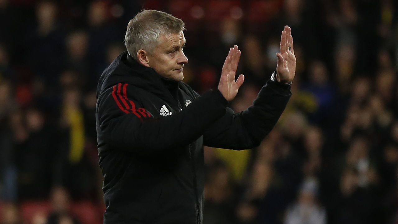 Manchester United's Norwegian manager Ole Gunnar Solskjaer reacts at the final whistle during the English Premier League football match between Watford and Manchester United at Vicarage Road Stadium in Watford, southeast England, on November 20, 2021. - RESTRICTED TO EDITORIAL USE. No use with unauthorized audio, video, data, fixture lists, club/league logos or 'live' services. Online in-match use limited to 120 images. An additional 40 images may be used in extra time. No video emulation. Social media in-match use limited to 120 images. An additional 40 images may be used in extra time. No use in betting publications, games or single club/league/player publications.
