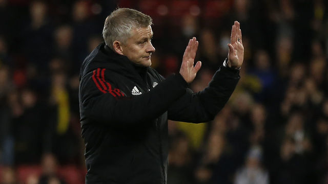 Manchester United's Norwegian manager Ole Gunnar Solskjaer reacts at the final whistle during the English Premier League football match between Watford and Manchester United at Vicarage Road Stadium in Watford, southeast England, on November 20, 2021. - RESTRICTED TO EDITORIAL USE. No use with unauthorized audio, video, data, fixture lists, club/league logos or 'live' services. Online in-match use limited to 120 images. An additional 40 images may be used in extra time. No video emulation. Social media in-match use limited to 120 images. An additional 40 images may be used in extra time. No use in betting publications, games or single club/league/player publications.