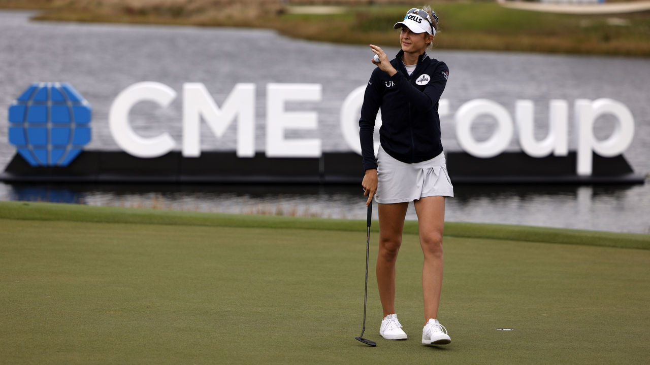 NAPLES, FLORIDA - NOVEMBER 20: Nelly Korda reacts to her putt on the 18th green during the third round of the CME Group Tour Championship at Tiburon Golf on November 20, 2021 in Naples, Florida.