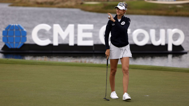NAPLES, FLORIDA - NOVEMBER 20: Nelly Korda reacts to her putt on the 18th green during the third round of the CME Group Tour Championship at Tiburon Golf on November 20, 2021 in Naples, Florida.