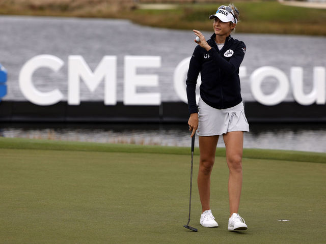 NAPLES, FLORIDA - NOVEMBER 20: Nelly Korda reacts to her putt on the 18th green during the third round of the CME Group Tour Championship at Tiburon Golf on November 20, 2021 in Naples, Florida.