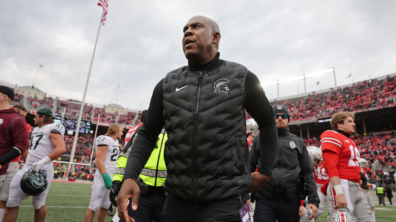 COLUMBUS, OHIO - NOVEMBER 20: Head coach Mel Tucker of the Michigan State Spartans leaves the field after losing to the Ohio State Buckeyes 56-7 at Ohio Stadium on November 20, 2021 in Columbus, Ohio.