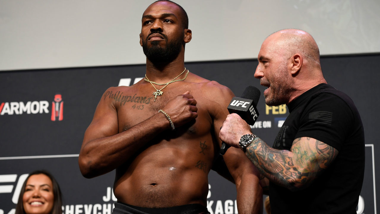 HOUSTON, TX - FEBRUARY 07: Jon Jones is interviewed by Joe Rogan during the UFC 247 ceremonial weigh-in at the Toyota Center on February 7, 2020 in Houston, Texas.