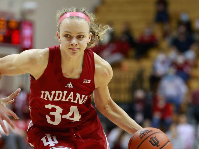 BLOOMINGTON, INDIANA, UNITED STATES - 2021/11/16: Indiana Hoosiers guard Grace Berger (No.34) plays against Norfolk State during the National Collegiate Athletic Association (NCAA) women's basketball game at Assembly Hall in Bloomington. IU beat Norfolk 72-42.