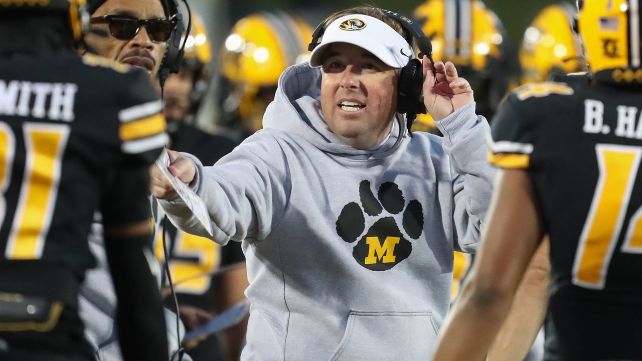 COLUMBIA, MO - NOVEMBER 13: Missouri Tigers head coach Eliah Drinkwitz on the sidelines during an SEC football game between the South Carolina Gamecocks and Missouri Tigers on Nov 13, 2021 at Memorial Stadium in Columbia, MO.