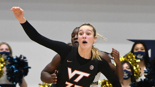 WASHINGTON, DC - NOVEMBER 11: Elizabeth Kitley #33 of the Virginia Tech Hokies in position during a women's college basketball game against the George Washington Colonials at the Smith Center on November 11, 2021 in Washington, DC.