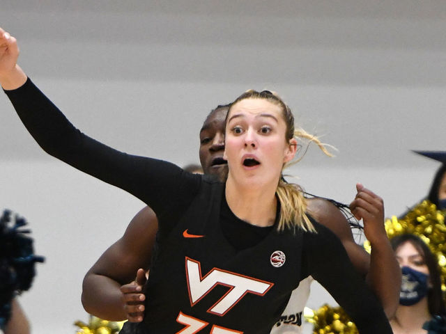 WASHINGTON, DC - NOVEMBER 11: Elizabeth Kitley #33 of the Virginia Tech Hokies in position during a women's college basketball game against the George Washington Colonials at the Smith Center on November 11, 2021 in Washington, DC.