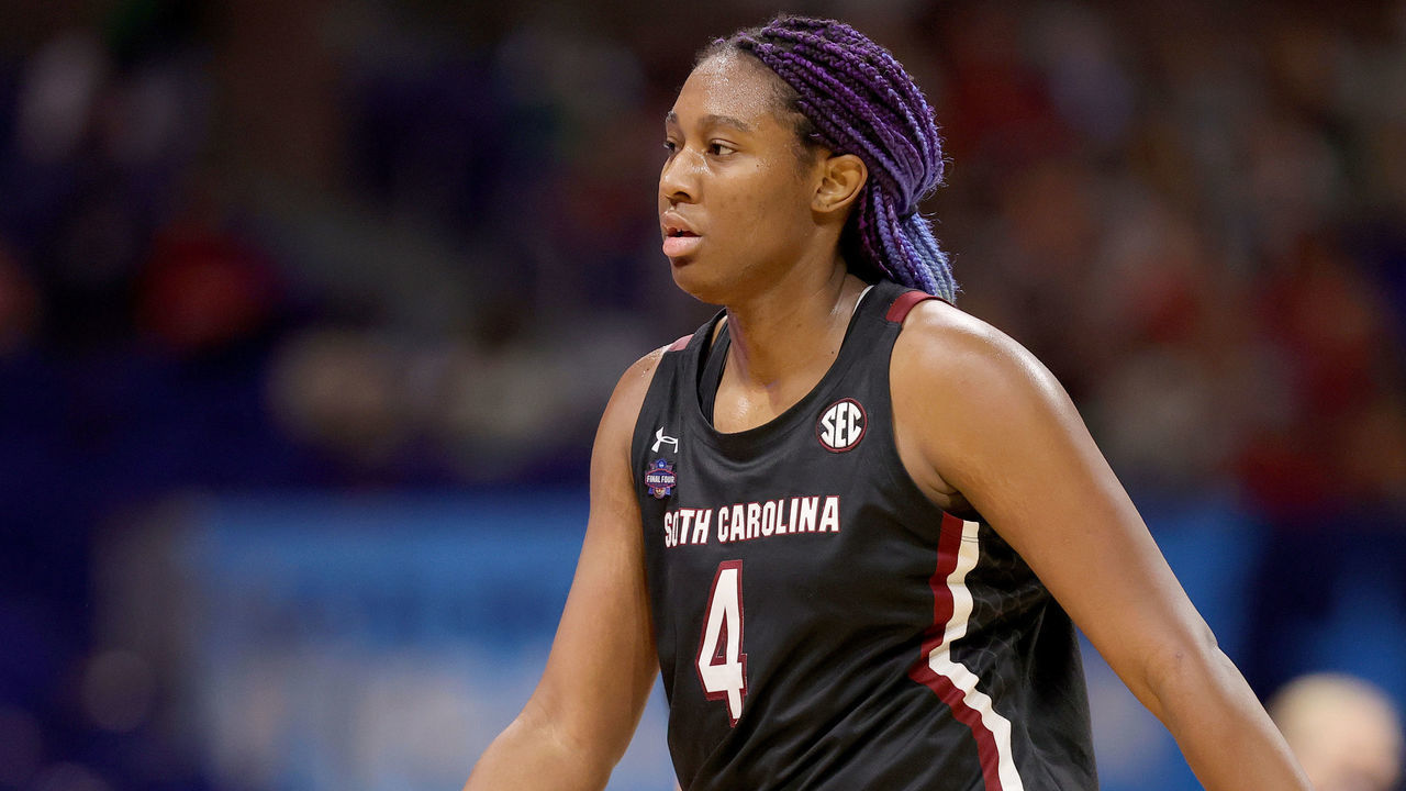 SAN ANTONIO, TEXAS - APRIL 02: Aliyah Boston #4 of the South Carolina Gamecocks celebrates with teammates against the Stanford Cardinal during the second quarter in the Final Four semifinal game of the 2021 NCAA Women's Basketball Tournament at the Alamodome on April 02, 2021 in San Antonio, Texas.