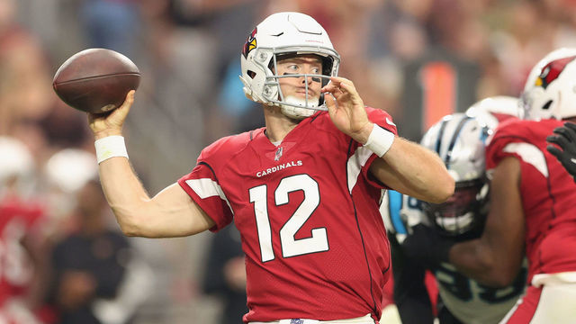 GLENDALE, ARIZONA - NOVEMBER 14: Quarterback Colt McCoy #12 of the Arizona Cardinals throws a pass during the NFL game at State Farm Stadium on November 14, 2021 in Glendale, Arizona. The Panthers defeated the Cardinals 34-10.