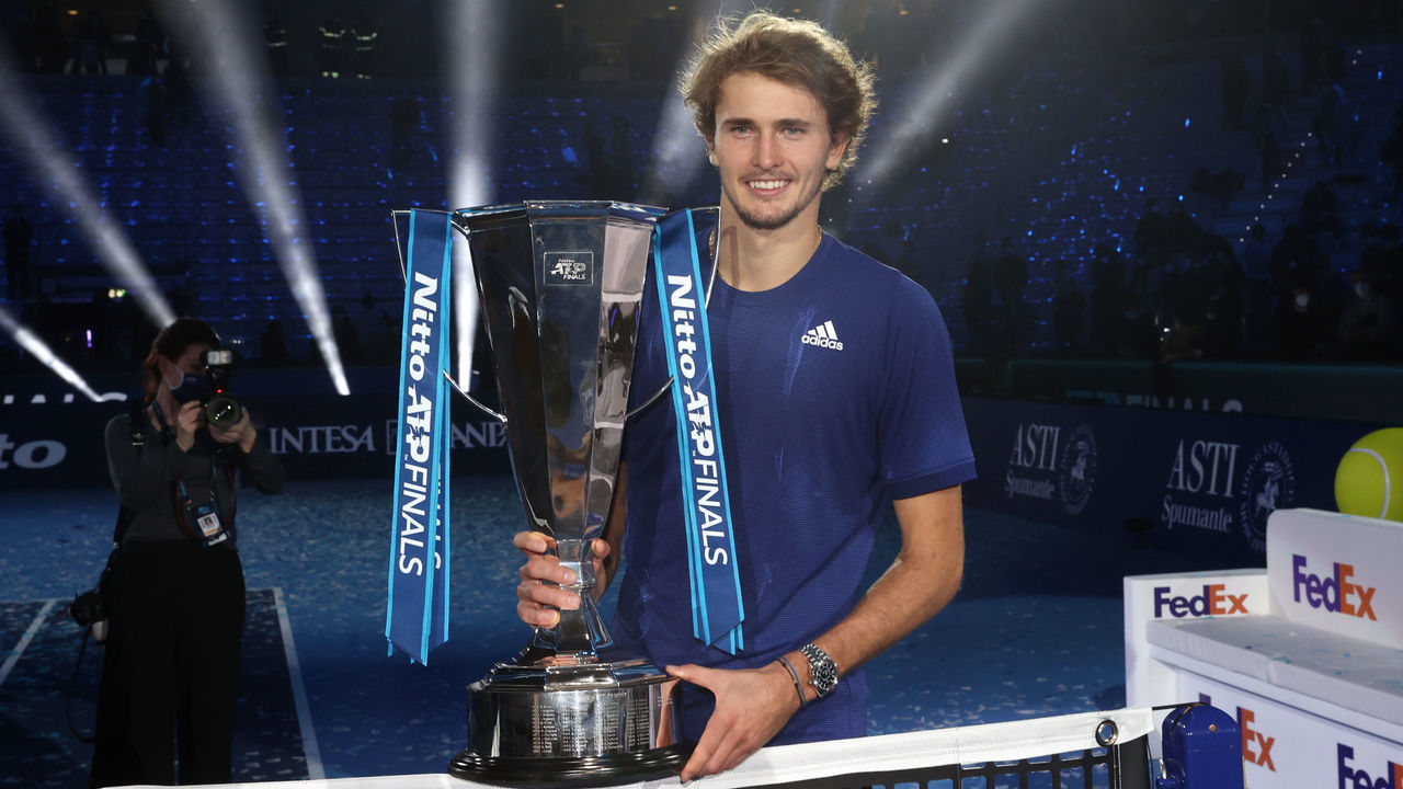 TURIN, ITALY - NOVEMBER 21: Alexander Zverev of Germany poses with the trophy following victory in the Men's Single's Final between Alexander Zverev of Germany and Daniil Medvedev of Russia during Day Eight of the Nitto ATP World Tour Finals at Pala Alpitour on November 21, 2021 in Turin, Italy.