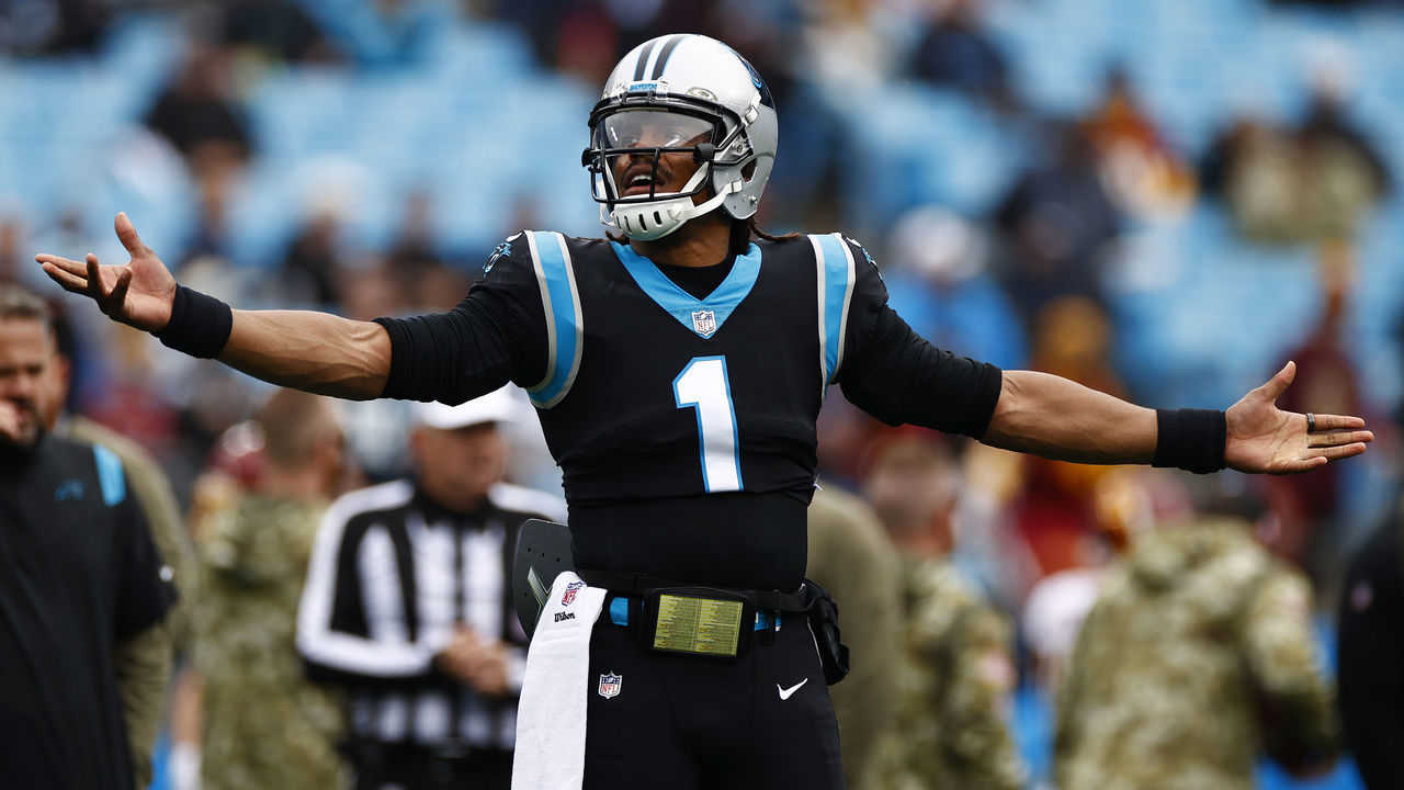 CHARLOTTE, NORTH CAROLINA - NOVEMBER 21: Cam Newton #1 of the Carolina Panthers warms up before the game against the Washington Football Team at Bank of America Stadium on November 21, 2021 in Charlotte, North Carolina.