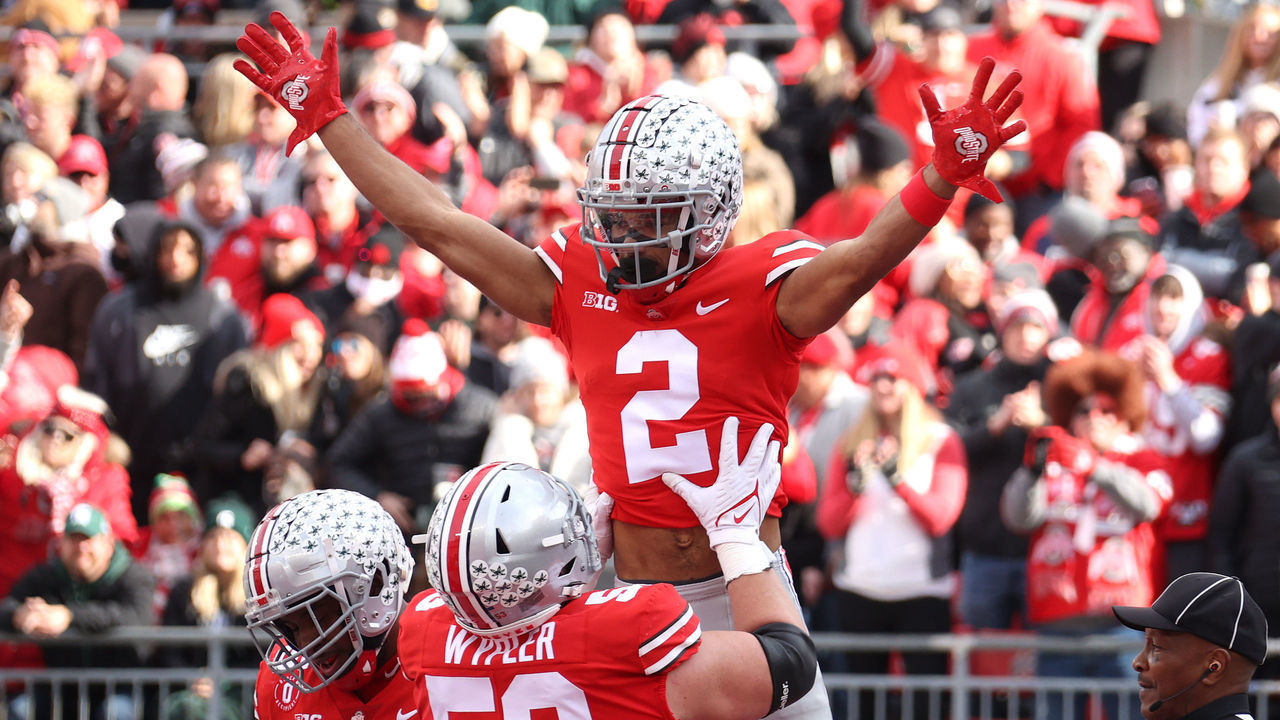COLUMBUS, OHIO - NOVEMBER 20: Chris Olave #2 of the Ohio State Buckeyes celebrates a first half touchdown catch against the Michigan State Spartans with Luke Wypler #53 of the Ohio State Buckeyes at Ohio Stadium on November 20, 2021 in Columbus, Ohio.