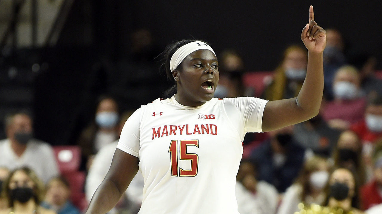 COLLEGE PARK, MARYLAND - NOVEMBER 21: Ashley Owusu #15 of the Maryland Terrapins celebrates in the third quarter against the Baylor Lady Bears at Xfinity Center on November 21, 2021 in College Park, Maryland.