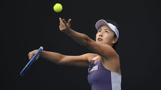MELBOURNE, AUSTRALIA - JANUARY 21: Shuai Peng of China in action during her Women's Singles first round match against Nao Hibino of Japan on day two of the 2020 Australian Open at Melbourne Park on January 21, 2020 in Melbourne, Australia.