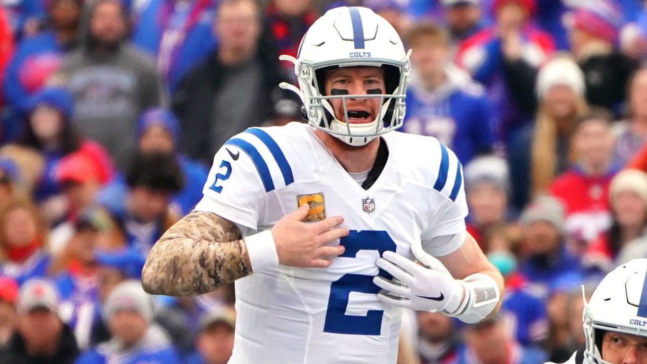 ORCHARD PARK, NEW YORK - NOVEMBER 21: Carson Wentz #2 of the Indianapolis Colts directs his team in the game against the Buffalo Bills at Highmark Stadium on November 21, 2021 in Orchard Park, New York.
