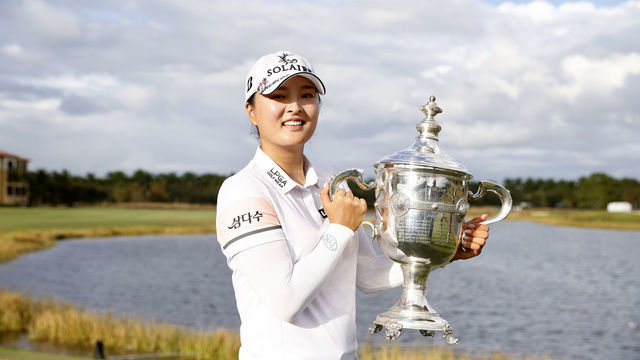 NAPLES, FLORIDA - NOVEMBER 21: Jin Young Ko of Korea poses the Rolex Player of the Year trophy after winning the CME Group Tour Championship at Tiburon Golf Club on November 21, 2021 in Naples, Florida.