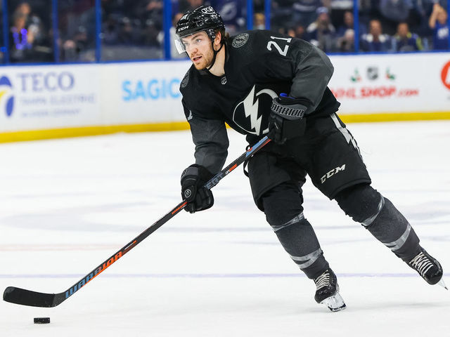 TAMPA, FL - NOVEMBER 20: Brayden Point #21 of the Tampa Bay Lightning during a penalty shot against the New Jersey Devils during the third period at Amalie Arena on November 20, 2021 in Tampa, Florida.