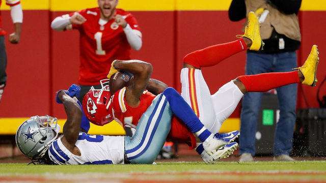 KANSAS CITY, MISSOURI - NOVEMBER 21: Charvarius Ward #35 of the Kansas City Chiefs intercepts a pass in the end zone intended for CeeDee Lamb #88 of the Dallas Cowboys during the second quarter of the game at Arrowhead Stadium on November 21, 2021 in Kansas City, Missouri.