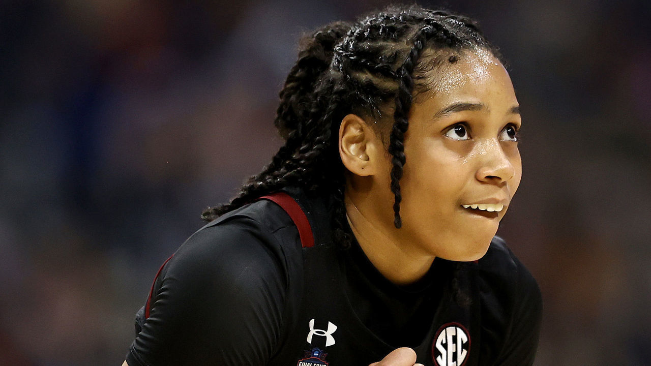 SAN ANTONIO, TEXAS - APRIL 02: Zia Cooke #1 of the South Carolina Gamecocks reacts against the Stanford Cardinal in the Final Four semifinal game of the 2021 NCAA Women's Basketball Tournament at the Alamodome on April 02, 2021 in San Antonio, Texas.