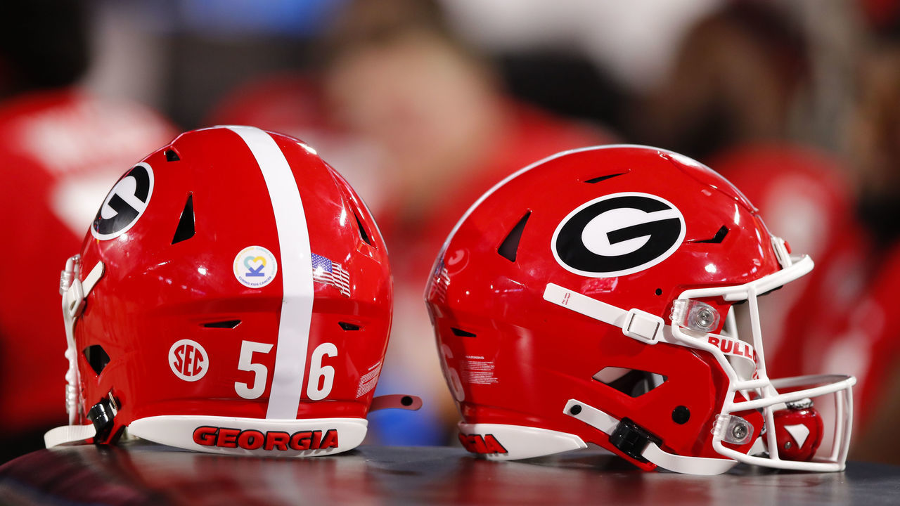 ATHENS, GA - SEPTEMBER 18: Georgia Bulldogs helmets are seen in the bench area in the first half against the South Carolina Gamecocks at Sanford Stadium on September 18, 2021 in Athens, Georgia.