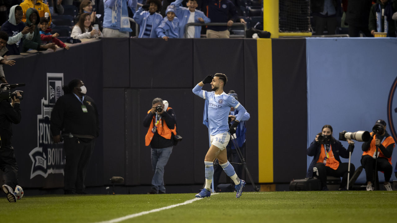 NEW YORK, NY - NOVEMBER 21: Valentin Castellanos #11 of New York City FC celebrates his goal by the foul pole line in the second half of the 2021 Audi MLS Cup Playoff match against Atlanta United at Yankee Stadium on November 21, 2021 in New York, New York.