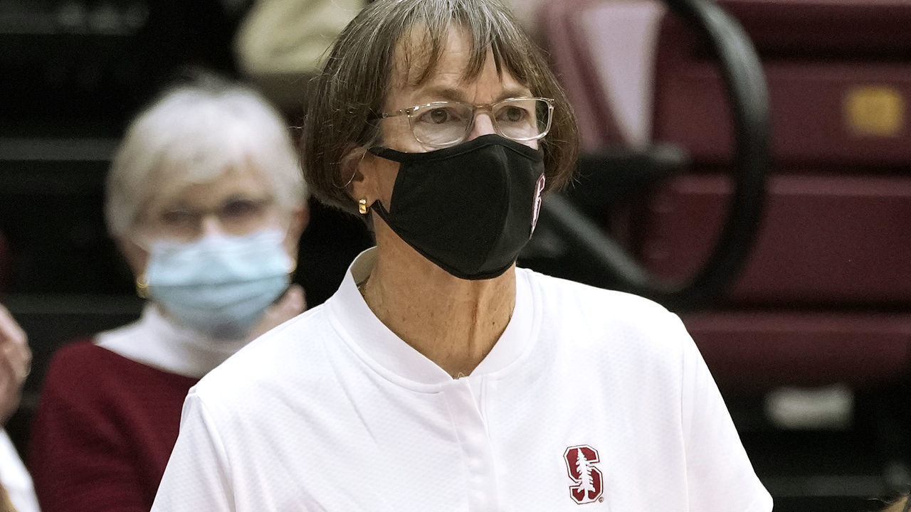PALO ALTO, CALIFORNIA - NOVEMBER 11: Head coach Tara Vann Derveer of the Stanford Cardinal women's basketball team looks on from the bench against the Morgan State Bears during an NCAA basketball game at Stanford Maples Pavilion on November 11, 2021 in Palo Alto, California.