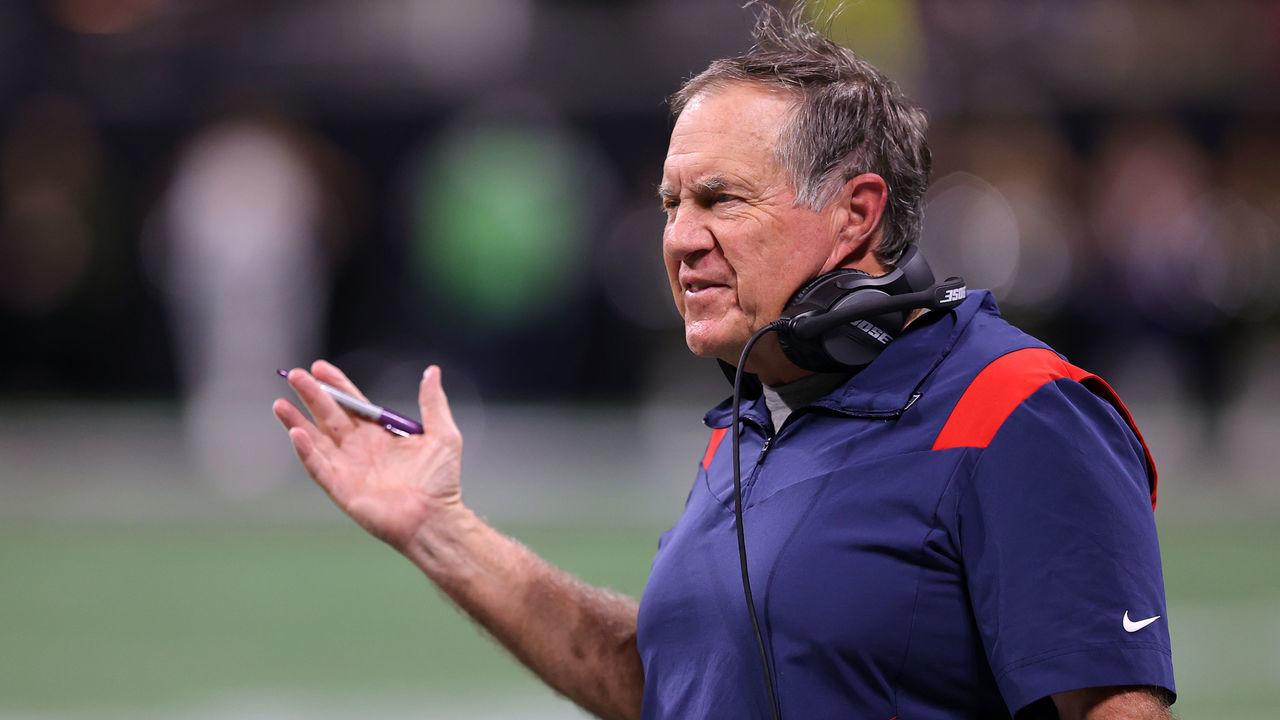 ATLANTA, GEORGIA - NOVEMBER 18: Head coach Bill Belichick of the New England Patriots talks with the referees in the second quarter against the Atlanta Falcons at Mercedes-Benz Stadium on November 18, 2021 in Atlanta, Georgia.