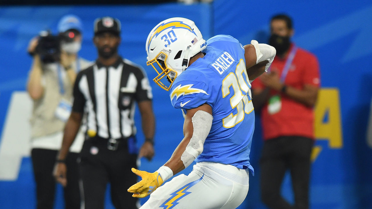 INGLEWOOD, CA - NOVEMBER 21: Los Angeles Chargers Running Back Austin Ekeler (30) celebrates after running for a touchdown during an NFL game between the Pittsburgh Steelers and the Los Angeles Chargers on November 21, 2021, at SoFi Stadium in Inglewood, CA.