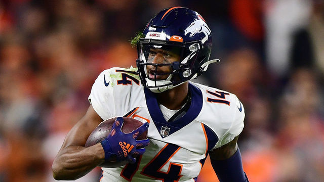 CLEVELAND, OHIO - OCTOBER 21: Courtland Sutton #14 of the Denver Broncos carries the ball during a game against the Cleveland Browns at FirstEnergy Stadium on October 21, 2021 in Cleveland, Ohio.