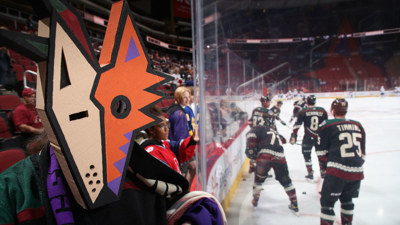 GLENDALE, ARIZONA - OCTOBER 21: A fan of the Arizona Coyotes wears a mask while watching warm-ups to the NHL game against the Edmonton Oilers at Gila River Arena on October 21, 2021 in Glendale, Arizona.