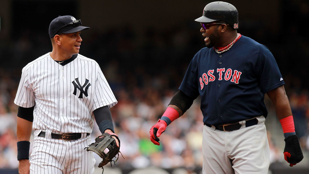 NEW YORK, NY - SEPTEMBER 25: Alex Rodriguez #13 of the New York Yankees talks to David Ortiz #34 of the Boston Red Sox on September 25, 2011 at Yankee Stadium in the Bronx borough of New York City.