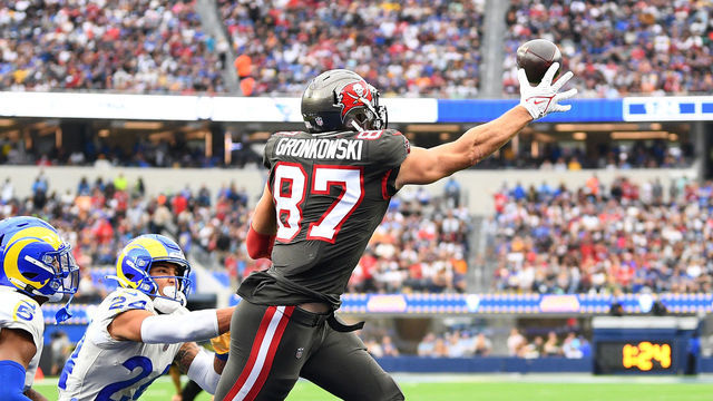 INGLEWOOD, CA - SEPTEMBER 26: Tampa Bay Buccaneers tight end Rob Gronkowski (87) is unable to some down with a touchdown catch being defended by Los Angeles Rams safety Taylor Rapp (24) and Los Angeles Rams cornerback Jalen Ramsey (5) during the NFL game between the Tampa Bay Buccaneers and the Los Angeles Rams on September 26, 2021, at SoFi Stadium in Inglewood, CA.
