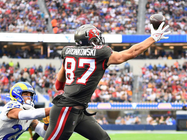 INGLEWOOD, CA - SEPTEMBER 26: Tampa Bay Buccaneers tight end Rob Gronkowski (87) is unable to some down with a touchdown catch being defended by Los Angeles Rams safety Taylor Rapp (24) and Los Angeles Rams cornerback Jalen Ramsey (5) during the NFL game between the Tampa Bay Buccaneers and the Los Angeles Rams on September 26, 2021, at SoFi Stadium in Inglewood, CA.