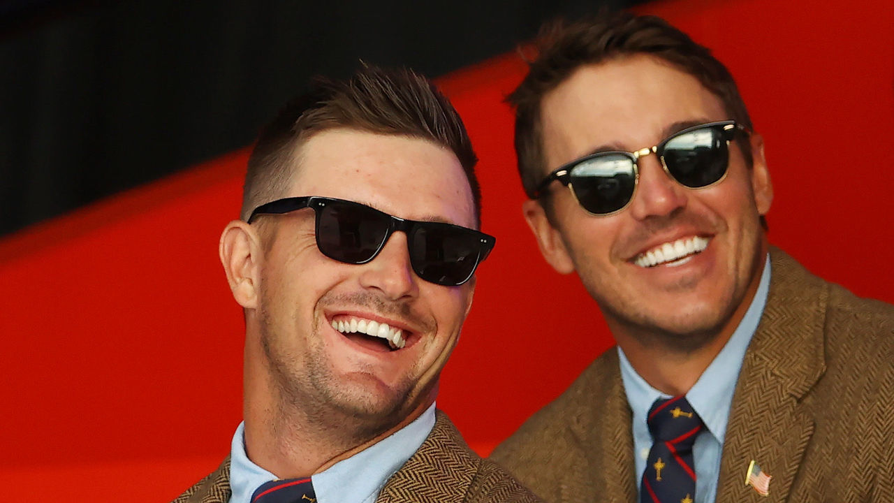 KOHLER, WISCONSIN - SEPTEMBER 23: Bryson DeChambeau of team United States and Brooks Koepka of team United States attend the opening ceremony for the 43rd Ryder Cup at Whistling Straits on September 23, 2021 in Kohler, Wisconsin.