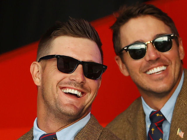 KOHLER, WISCONSIN - SEPTEMBER 23: Bryson DeChambeau of team United States and Brooks Koepka of team United States attend the opening ceremony for the 43rd Ryder Cup at Whistling Straits on September 23, 2021 in Kohler, Wisconsin.