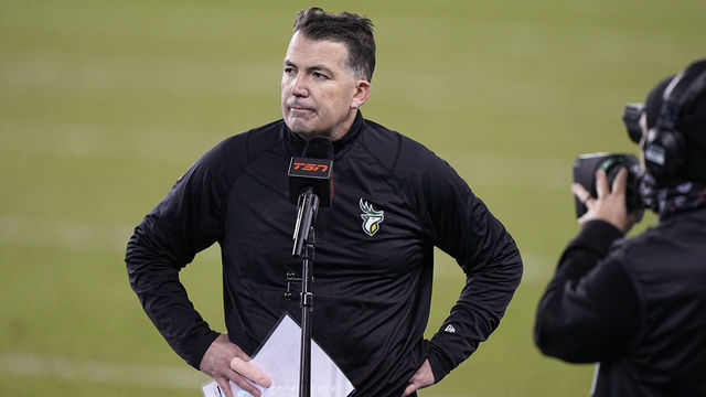 TORONTO, ON - NOVEMBER 16: Head coach Jaime Elizondo of the Edmonton Elks during a halftime TV interview in a game against the Toronto Argonauts at BMO Field on November 16, 2021 in Toronto, Canada.