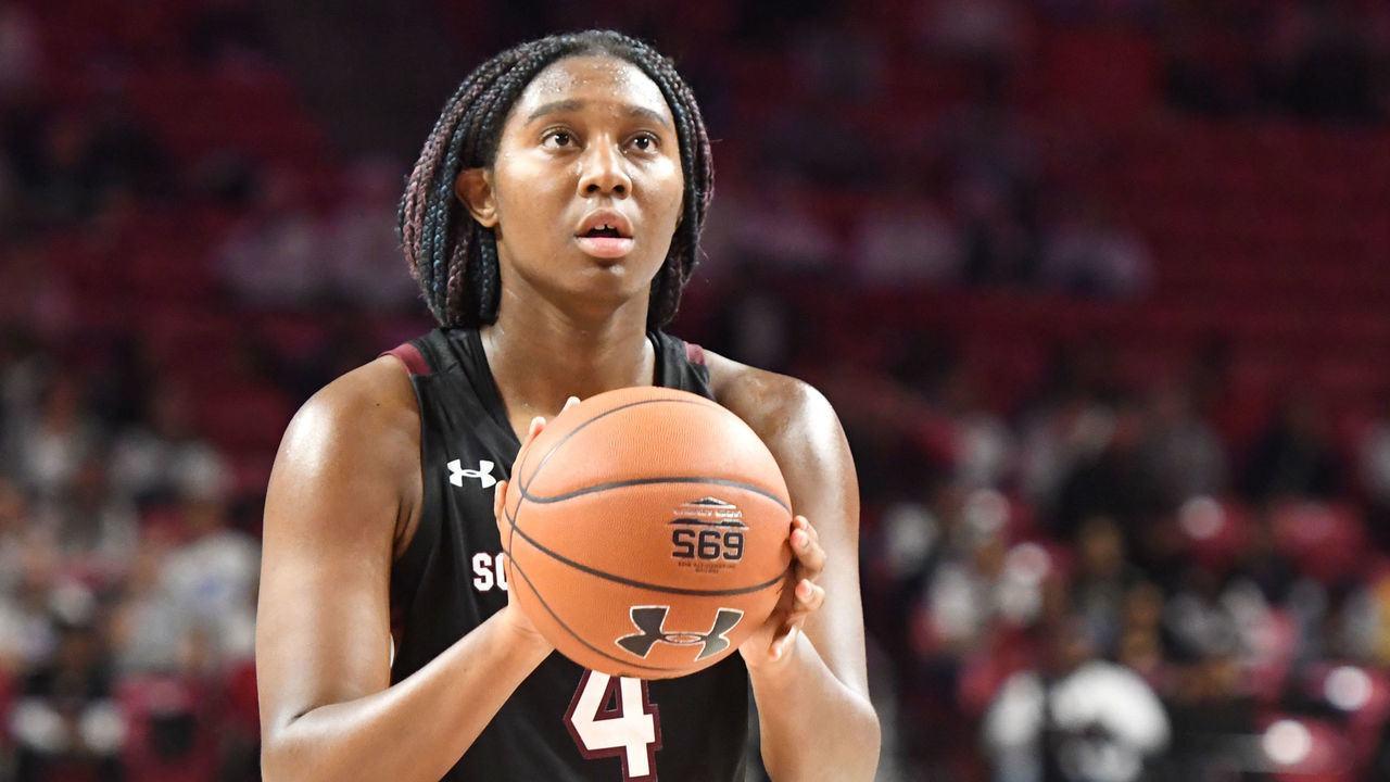 COLLEGE PARK, MD - NOVEMBER 10: Aliyah Boston #4 of the South Carolina Gamecocks takes a foul shot during a women's basketball game against the against the Maryland Terrapins at the Xfinity Center on November 10, 2019 in College Park, Maryland.