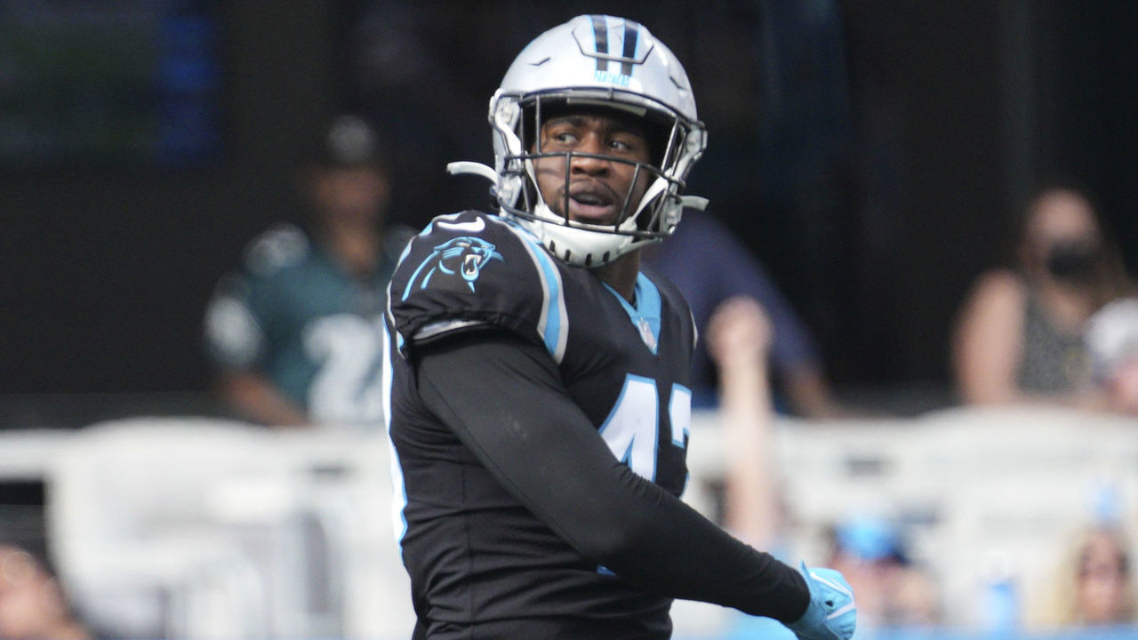 CHARLOTTE, NC - OCTOBER 10: Carolina Panthers outside linebacker Haason Reddick (43) looks on during the game between the Carolina Panthers and the Philadelphia Eagles on October 10, 2021 at Bank of America Stadium in Charlotte, NC.