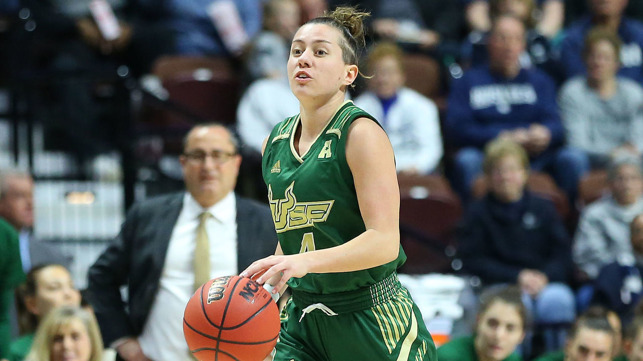 UNCASVILLE, CT - MARCH 08: USF Bulls guard Elisa Pinzan (4) with the ball during the women's American Athletic Conference Tournament game between USF Bulls and UConn Huskies on March 8, 2020, at Mohegan Sun Arena in Uncasville, CT.
