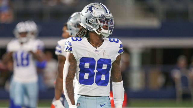 ARLINGTON, TX - AUGUST 21: Dallas Cowboys wide receiver CeeDee Lamb (88) walks across the field during warmups for the game between the Dallas Cowboys and the Houston Texans on August 21, 2021 at AT&T Stadium in Arlington, TX.