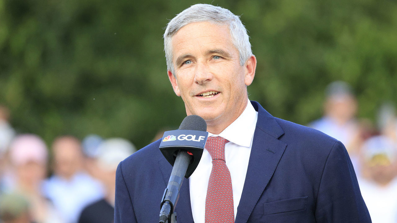 ATLANTA, GA - SEPTEMBER 05: PGA Tour commissioner Jay Monahan delivers some words to the crowd on the 18th green after the final round of the TOUR Championship on September 05, 2021 at the East Lake Club in Atlanta, Georgia.
