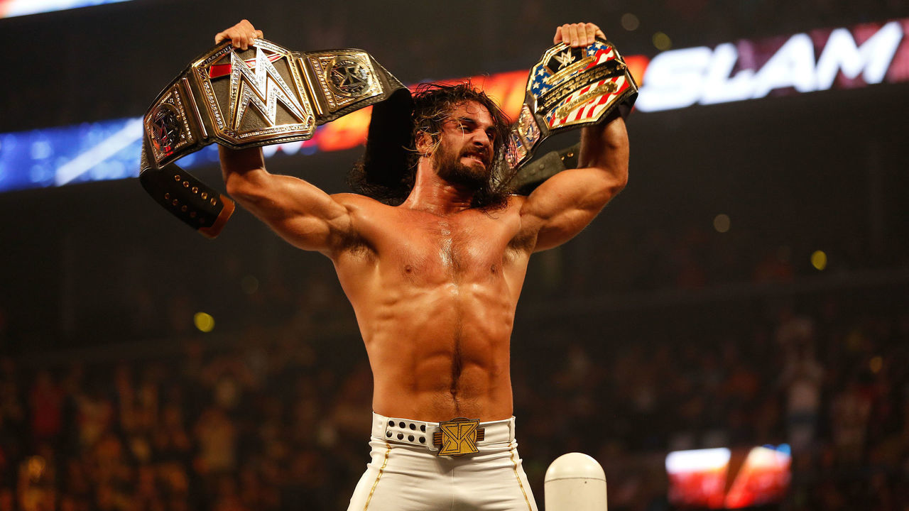 NEW YORK, NY - AUGUST 23: Seth Rollins celebrates his victory over John Cena at the WWE SummerSlam 2015 at Barclays Center of Brooklyn on August 23, 2015 in New York City.