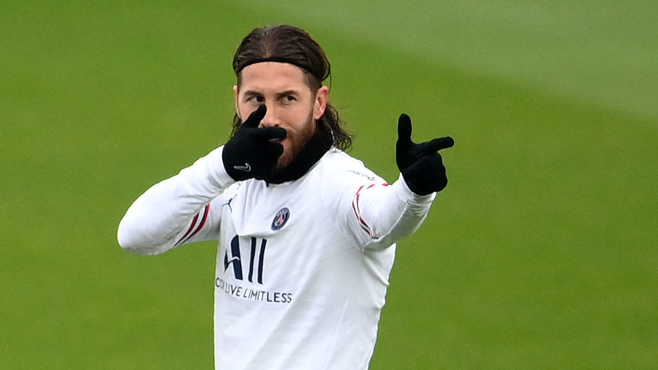Paris Saint-Germain's Spanish defender Sergio Ramos gestures during a training session at the club's Camp des Loges training ground in Saint-Germain-en-Laye, on November 19, 2021.