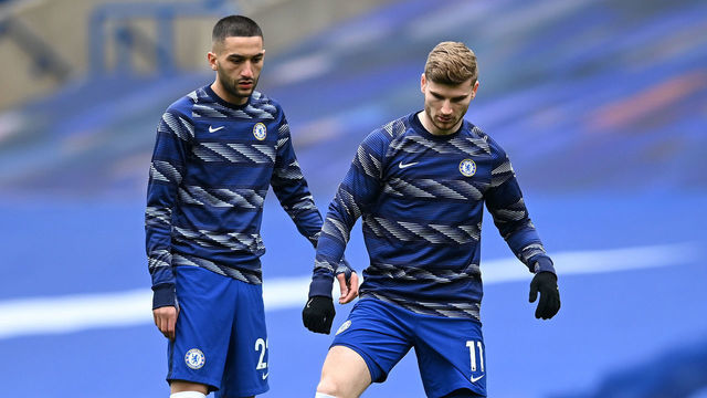 LONDON, ENGLAND - APRIL 03: Timo Werner and Hakim Ziyech of Chelsea warm up prior to the Premier League match between Chelsea and West Bromwich Albion at Stamford Bridge on April 03, 2021 in London, England. Sporting stadiums around the UK remain under strict restrictions due to the Coronavirus Pandemic as Government social distancing laws prohibit fans inside venues resulting in games being played behind closed doors.