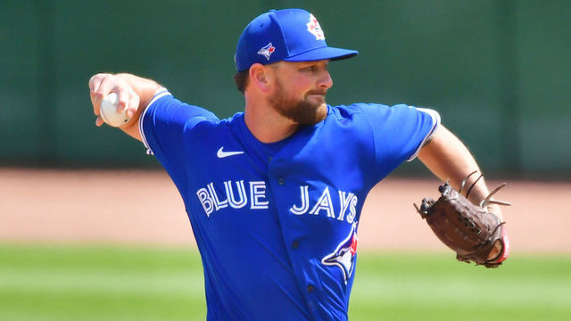 CLEARWATER, FLORIDA - MARCH 20: Kirby Yates #39 of the Toronto Blue Jays delivers a pitch to the Philadelphia Phillies in the sixth inning during a spring training game on March 20, 2021 at BayCare Ballpark in Clearwater, Florida.