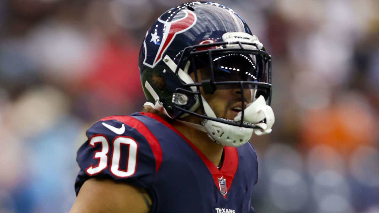 HOUSTON, TX - OCTOBER 31: Houston Texans running back Phillip Lindsay (30) during a game between the Los Angeles Rams and the Houston Texans at NRG Stadium on October 31, 2021 in Houston, Texas.