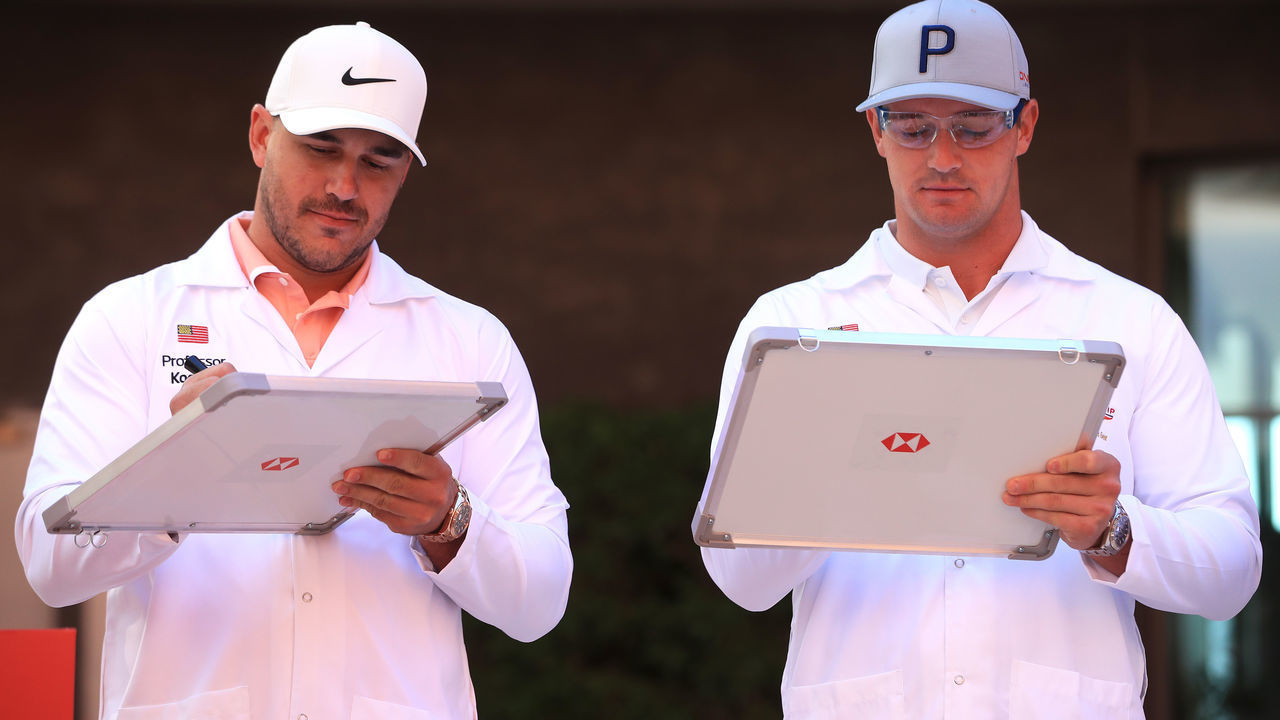 ABU DHABI, UNITED ARAB EMIRATES - JANUARY 14: Brooks Koepka and Bryson DeChambeau attend the launch The Abu Dhabi HSBC Championship Presented by EGA at Masdar City - a unique ‘city of the future’ in the United Arab Emirates on January 14, 2020 in Abu Dhabi, United Arab Emirates.