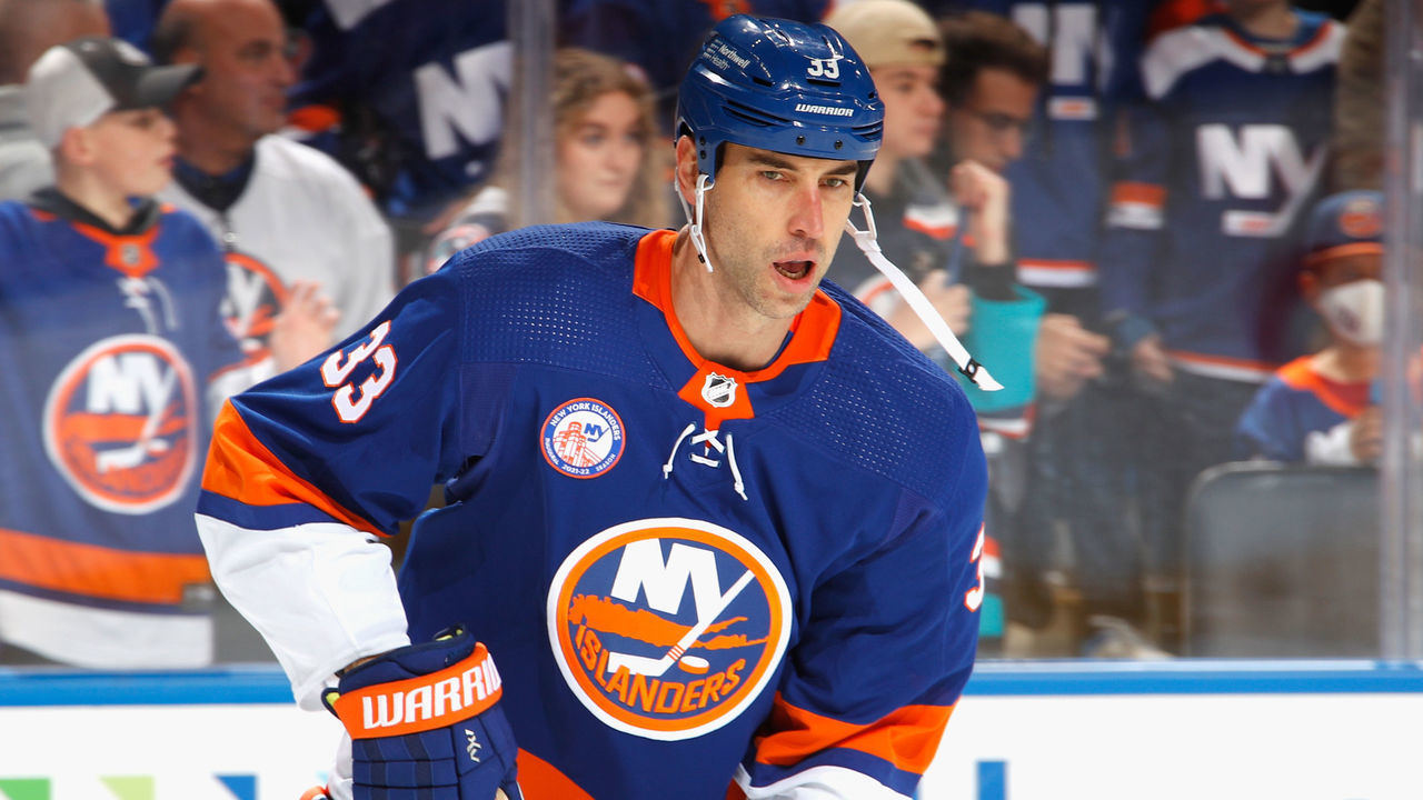 ELMONT, NEW YORK - NOVEMBER 20: Zdeno Chara #33 of the New York Islanders skates in warm-ups prior to the game against the Calgary Flames at the UBS Arena on November 2, 2021 in Elmont, New York. The game was the first in the new $1.1 billion dollar arena that is situated on the Nassau/Queens border. The Flames defeated the Islanders 5-2.