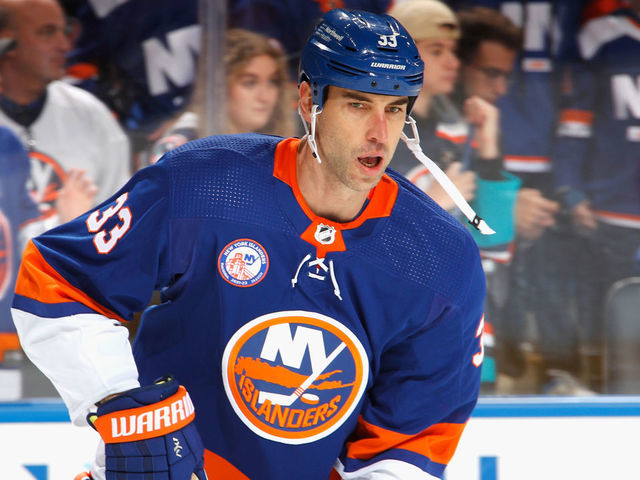 ELMONT, NEW YORK - NOVEMBER 20: Zdeno Chara #33 of the New York Islanders skates in warm-ups prior to the game against the Calgary Flames at the UBS Arena on November 2, 2021 in Elmont, New York. The game was the first in the new $1.1 billion dollar arena that is situated on the Nassau/Queens border. The Flames defeated the Islanders 5-2.