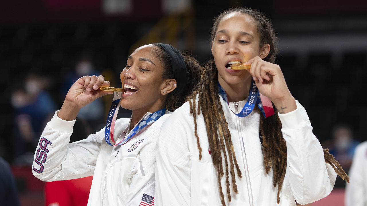 TOKYO, JAPAN August 8: A'ja Wilson #9 of the United States and Brittney Griner #15 of the United States with their gold medals at the medal presentation after the Japan V USA basketball final for women at the Saitama Super Arena during the Tokyo 2020 Summer Olympic Games on August 8, 2021 in Tokyo, Japan.